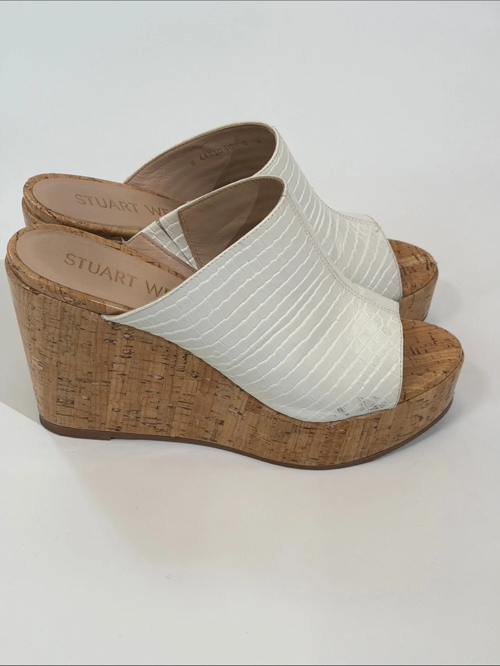 Stuart Weitzman High Heel Cork Wedge Slide Size 8 White Croc Embossed - Picture 3 of 9